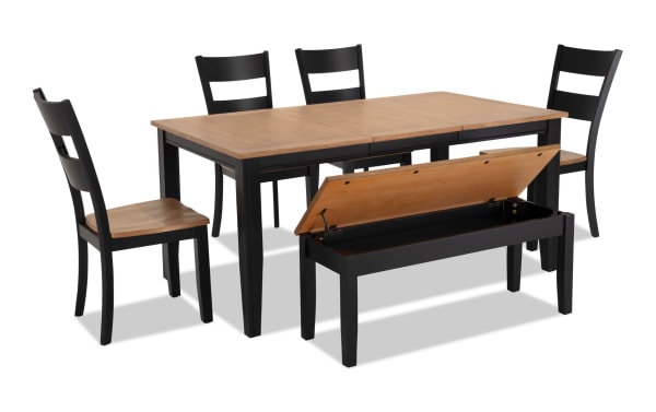 Blake 6 Piece Extendable Dining Set with Storage Bench in black and natural wood finish, cottage style, MDF and hardwood solids, includes 4 chairs and a storage bench with lift-up seat, table extends from 48" to 66" with an 18" leaf, farmhouse-inspired design for versatile family dining and storage.