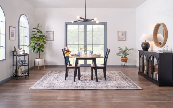 Blake 3 Piece Black & Natural Round Extendable Dining Set with two black wood chairs and drop leaf table in cottage style, made of MDF and hardwood solids.