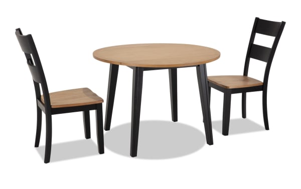 Blake 3 Piece Black & Natural Round Extendable Dining Set with two black and natural wood cottage-style chairs and a round drop leaf table in MDF and hardwood solids.