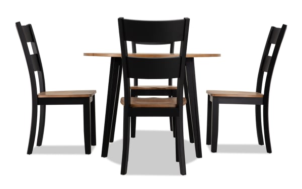 Blake 5 Piece Black & Natural Round Extendable Dining Set with drop leaf table, black hardwood frame, natural wood seats, cottage style.