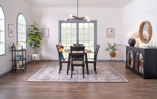 Blake 5 Piece Black & Natural Round Extendable Dining Set with drop leaf table, four black wood chairs, cottage style, MDF and hardwood solids, space-saving design.