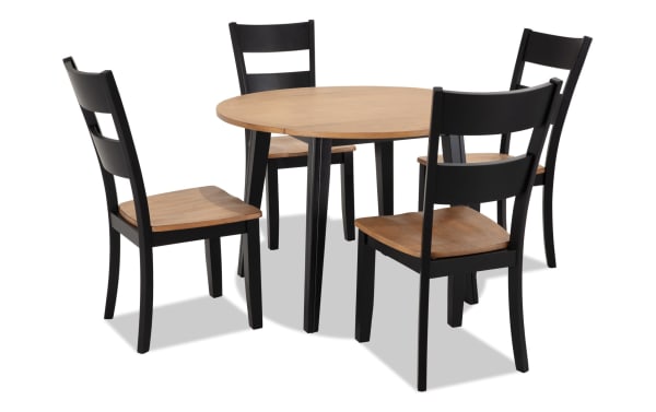 Blake 5 Piece Black & Natural Round Extendable Dining Set with drop leaf table and four chairs, cottage style, MDF and hardwood solids.
