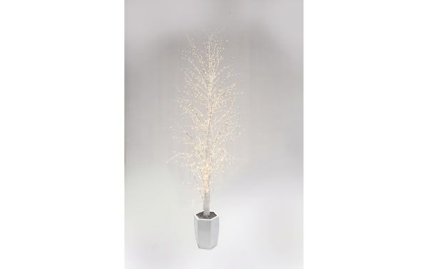 8' LED White Faux Birch Tree with bright LED lights, white fabric polyester trunk, and transitional style in a white hexagonal planter.