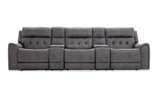 Canyon Gray 127'' transitional 5-piece power reclining sofa with armless chair, gray polyester fabric, Bluetooth audio, USB ports, wireless charging, storage, and cup holders.