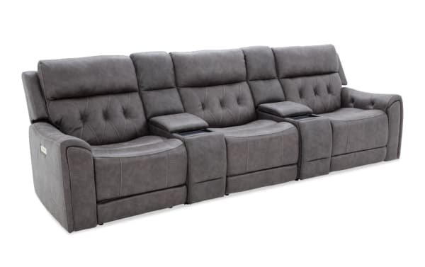 Canyon Gray 127'' transitional 5-piece power reclining sofa with armless chair, gray polyester fabric, Bluetooth audio, USB ports, wireless charging, and memory foam cushions.