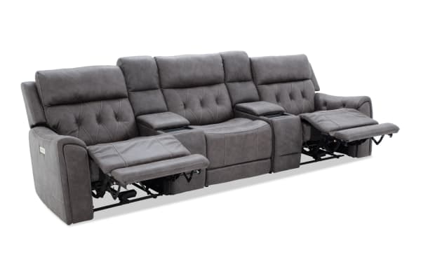Canyon Gray 127'' transitional 5-piece power reclining sofa with gray polyester fabric, Bluetooth audio, USB ports, wireless charging, and hidden storage.