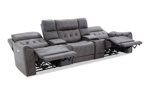 Canyon Gray 127" transitional 5-piece power reclining sofa set with armless chair, gray polyester fabric, Bluetooth audio, USB ports, and hidden storage.