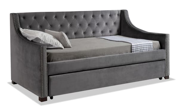 Chloe Twin Gray Upholstered Daybed with Twin Trundle and 2 Bob-O-Pedic 6 Mattresses, gray polyester fabric, glam style, tufted backrest, nailhead trim, versatile guest bed option.