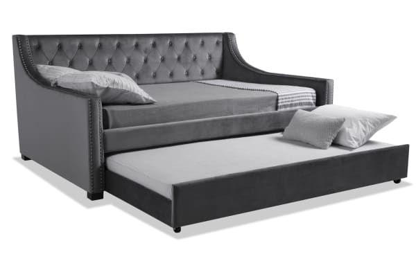 Chloe Full Gray Upholstered Daybed with Twin Trundle and 2 Bob-O-Pedic 6 Mattresses, gray polyester fabric, glam style with tufted backrest and nailhead trim.