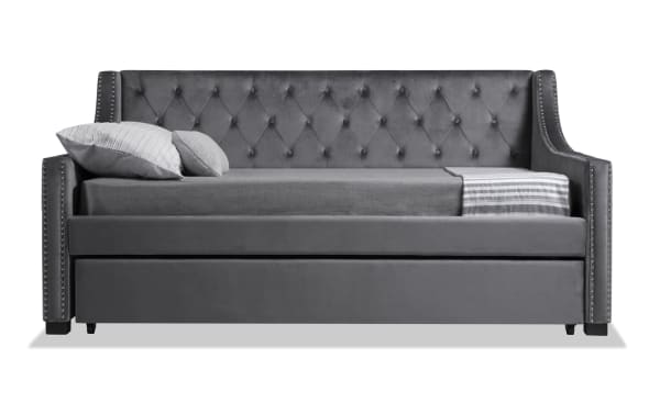 Chloe Full Gray Upholstered Daybed with Twin Trundle and 2 Bob-O-Pedic 6 Mattresses, gray polyester fabric, glam style, tufted backrest, nailhead trim.