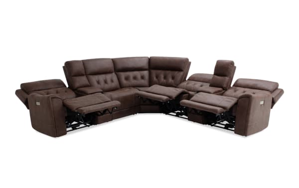 Brown leather sectional recliner sofa with tufted backrests, adjustable headrests, and extended footrests, designed for comfort and modern living rooms.
