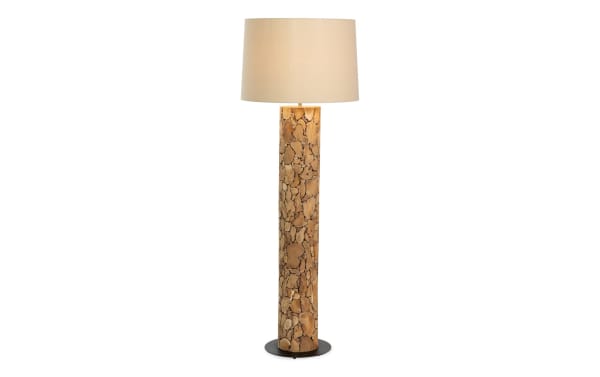 Amber 70'' Natural Wood Floor Lamp with beige fabric shade, unique natural wood base, and black metal round base in transitional style.