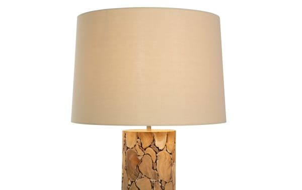 Amber 70'' natural wood floor lamp with beige fabric drum shade, unique wooden base, metal accents, and transitional style for living spaces.
