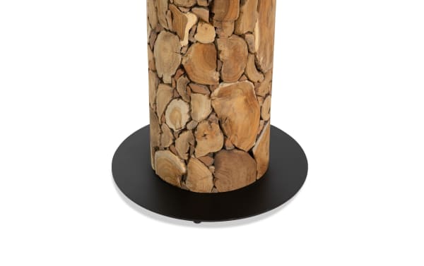 Transitional Amber 70'' floor lamp with a unique natural wood base made of varied beige wood slices on a black metal round platform, featuring fabric upholstery.