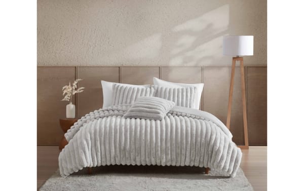 Sofia Twin/Twin XL gray solid faux fur 3-piece comforter set with plush textured polyester fabric, contemporary style for cozy, stylish bedding.