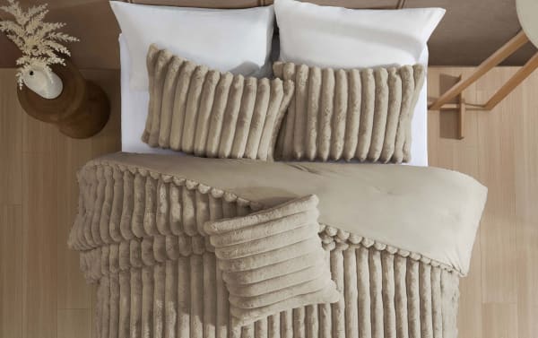 Sofia Full/Queen Taupe Solid Faux Fur 4 Piece Comforter Set in tan polyester fabric with ribbed texture, plush contemporary bedding for cozy style.