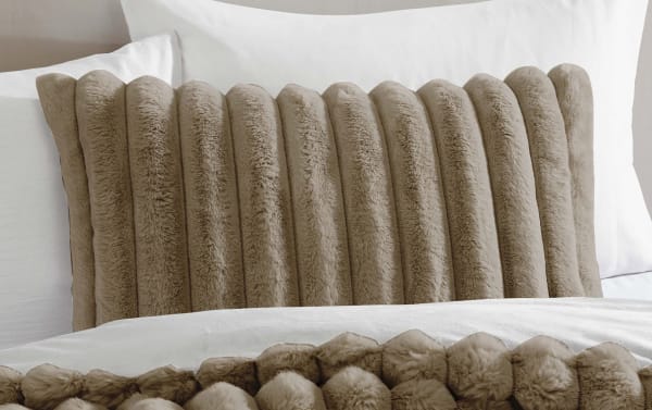 Taupe faux fur comforter set in contemporary style, featuring plush vertical ribbed texture, made of soft polyester fabric for full/queen beds.