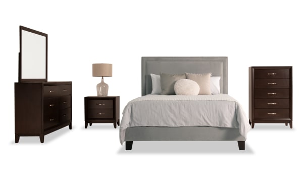 Tremont 5 Piece Full Espresso & Gray Upholstered Bedroom Set with gray fabric polyester bed, espresso MDF and rubberwood storage dressers, transitional style.