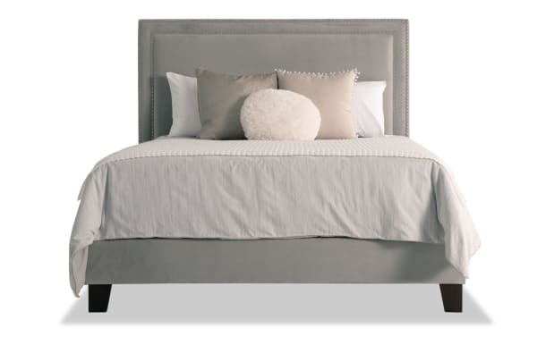 Tremont 5 Piece Full Espresso & Gray Upholstered Bedroom Set bed with gray polyester fabric, nailhead trim headboard, and dark wood legs in transitional style
