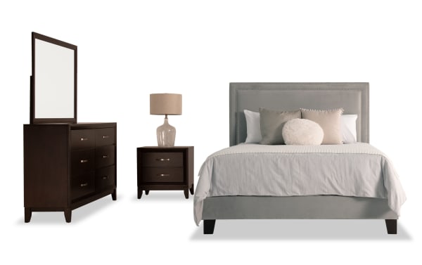 Tremont 4 Piece Queen Espresso & Gray Upholstered Bedroom Set with gray polyester fabric, espresso MDF and rubberwood solids, transitional style, includes queen bed, dresser with mirror, nightstand with lamp, and multiple storage drawers.