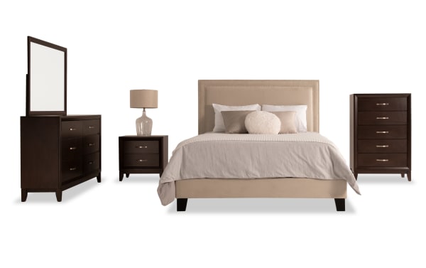 Tremont 5 Piece Queen Bedroom Set in beige fabric upholstery with espresso MDF and rubberwood solids. Transitional style with storage drawers.