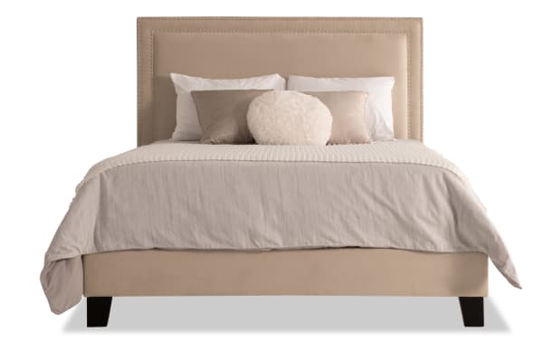 Beige Tremont 5 Piece Queen Upholstered Bed with fabric polyester headboard, transitional style, MDF and rubberwood solids frame, part of Tremont collection.