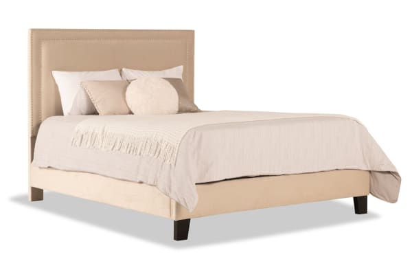Tremont 5 Piece Queen Bed in beige polyester fabric upholstery with nailhead trim, transitional style, MDF and rubberwood frame, part of Tremont collection.