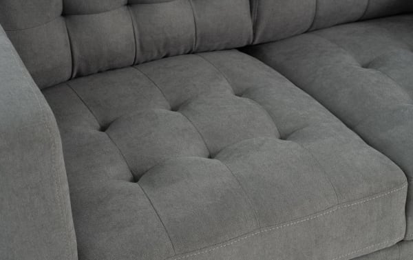 Charcoal gray Metro 57'' loveseat with tufted polyester fabric upholstery, track arms, and transitional style for modern living rooms.