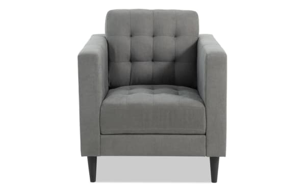 Metro Charcoal Chair in gray polyester fabric with tufted back, track arms, and tapered black legs, featuring a transitional style from the Metro collection.