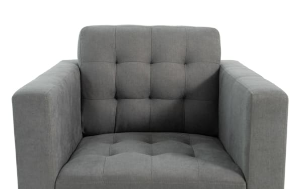 Charcoal Metro chair with tufted polyester fabric upholstery, transitional style, and track arms, ideal for modern living rooms.
