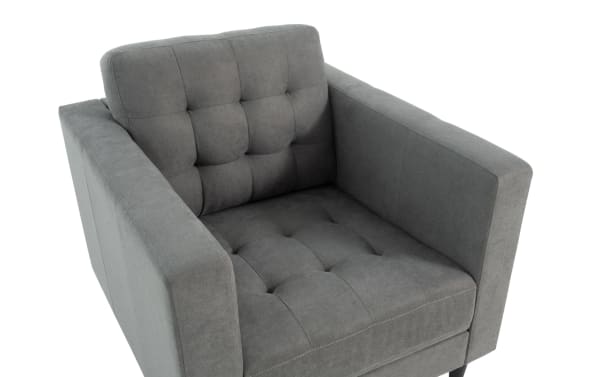 Charcoal Metro chair with tufted polyester fabric upholstery, track arms, and transitional style, ideal for modern living rooms.