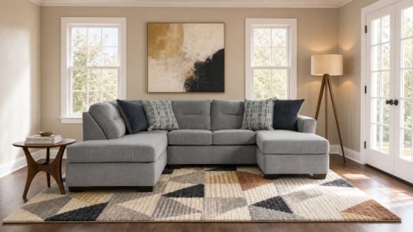 Dylan Slate 112'' 3 Piece Left Arm Facing Dual Chaise Sectional in gray polyester fabric, transitional style with plush memory foam cushions and geometric rug.