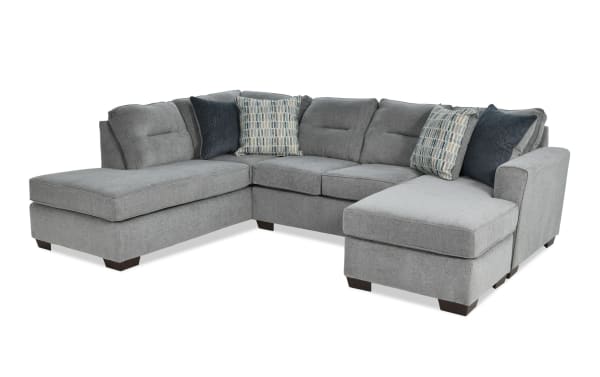 Dylan Slate 112'' 3 Piece Left Arm Facing Dual Chaise Sectional in gray polyester fabric, transitional style with memory foam cushions and decorative pillows.
