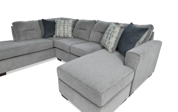 Dylan Slate 112'' 3 Piece Left Arm Facing Dual Chaise Sectional in gray polyester fabric with memory foam cushions, transitional style.
