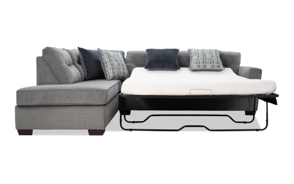 Dylan Slate 112" 3-piece left arm facing sleeper sectional in gray polyester fabric, transitional style with dual chaise and queen gel memory foam mattress.