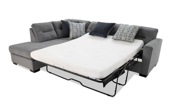 Dylan Slate 112'' 3 Piece Left Arm Facing Sleeper Dual Chaise Sectional in gray polyester fabric with transitional style, featuring a pull-out queen gel memory foam mattress.