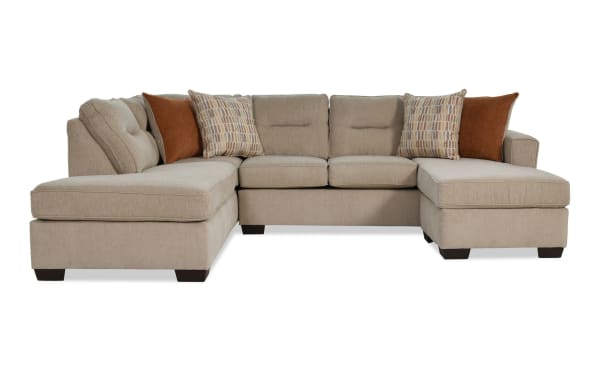 Dylan Beige 112" 3-piece left arm facing sleeper sectional with dual chaise, transitional style, beige polyester fabric upholstery, and gel memory foam mattress.