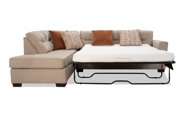 Dylan Beige 112'' 3-piece left arm facing sleeper sectional with dual chaise, transitional style, polyester fabric upholstery, and queen gel memory foam mattress.