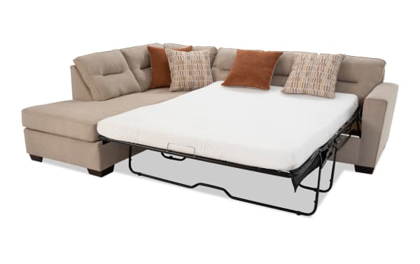 Dylan Beige 112" 3-piece left arm facing sleeper sectional with dual chaise, transitional style, polyester fabric upholstery, and queen gel memory foam mattress.