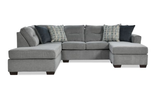 Dylan Slate 112" 3-piece left arm facing sleeper sectional in gray polyester fabric, transitional style with dual chaise and queen cooling gel memory foam mattress.