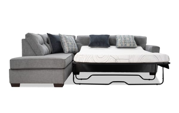 Dylan Slate 112" 3-piece left arm facing sleeper sectional in gray polyester fabric with dual chaise and queen cooling gel memory foam mattress, transitional style.