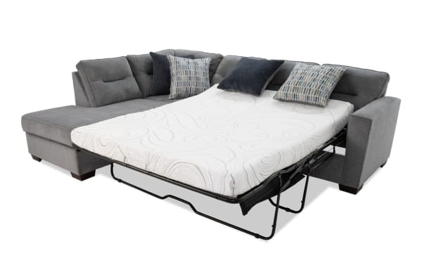 Dylan Slate 112" 3-piece left arm facing transitional sleeper sectional in gray polyester fabric with dual chaise and queen cooling gel memory foam mattress.