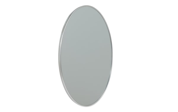 Luna Oval Silver Wall Mirror with sleek silver metal frame, transitional style, and subtle sophistication for versatile home decor.