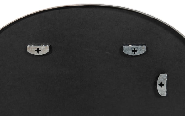 Back of Luna Oval Silver Wall Mirror showing black backing and three metal keyhole hangers for secure wall mounting, transitional style.