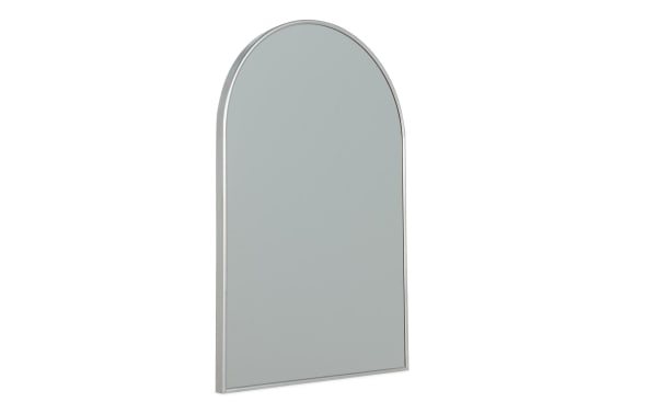 Villa Arch Silver Wall Mirror with sleek silver metal frame, arched top, and transitional style for elegant home decor and versatile wall display.