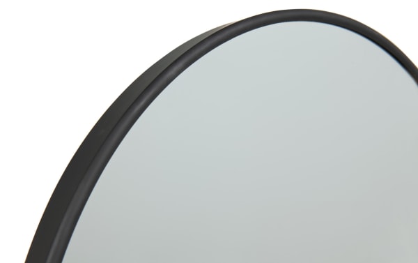 Villa Arch Black Wall Mirror with a smooth black metal frame in a transitional style, featuring a large arched reflective surface for elegant home decor.