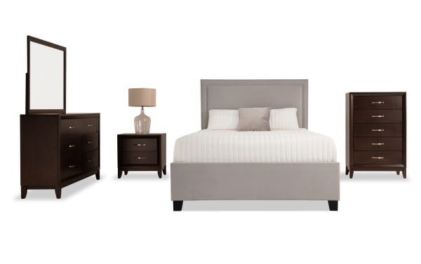 Tremont 5 Piece Queen Espresso & Gray Upholstered Storage Bedroom Set with gray fabric polyester bed, espresso wood dresser, chest, mirror, and nightstand in transitional style.