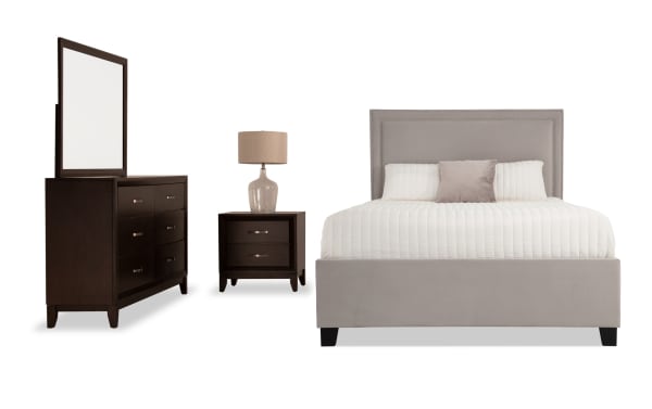 Tremont 4 Piece Full Espresso & Gray Upholstered Storage Bedroom Set with fabric polyester bed, espresso wood dresser, mirror, and nightstand in transitional style.