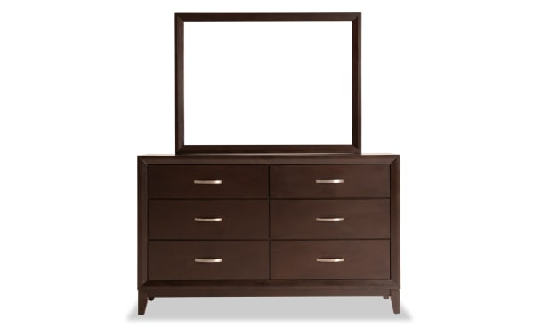 Transitional style Tremont dresser in full espresso finish with six drawers, featuring MDF, rubberwood solids, and sleek metal handles.