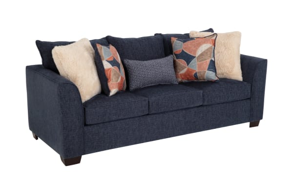 Brynn Navy 91'' Transitional Sleeper Sofa with soft navy polyester fabric, Bob-O-Pedic gel memory foam mattress, and decorative accent pillows.